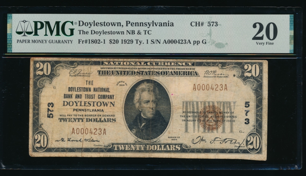 Fr. 1802-1 1929 $20  National: Type I Ch #573 The Doylestown NB&TC, Doylestown, Pennsylvania PMG 20 A000423A