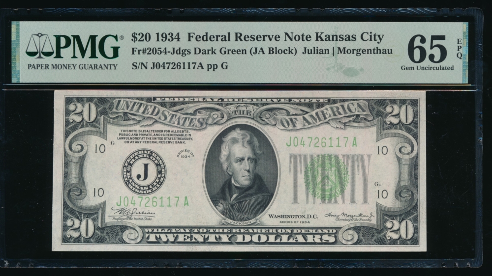 Fr. 2054-J 1934 $20  Federal Reserve Note Kansas City PMG 65EPQ J04726117A