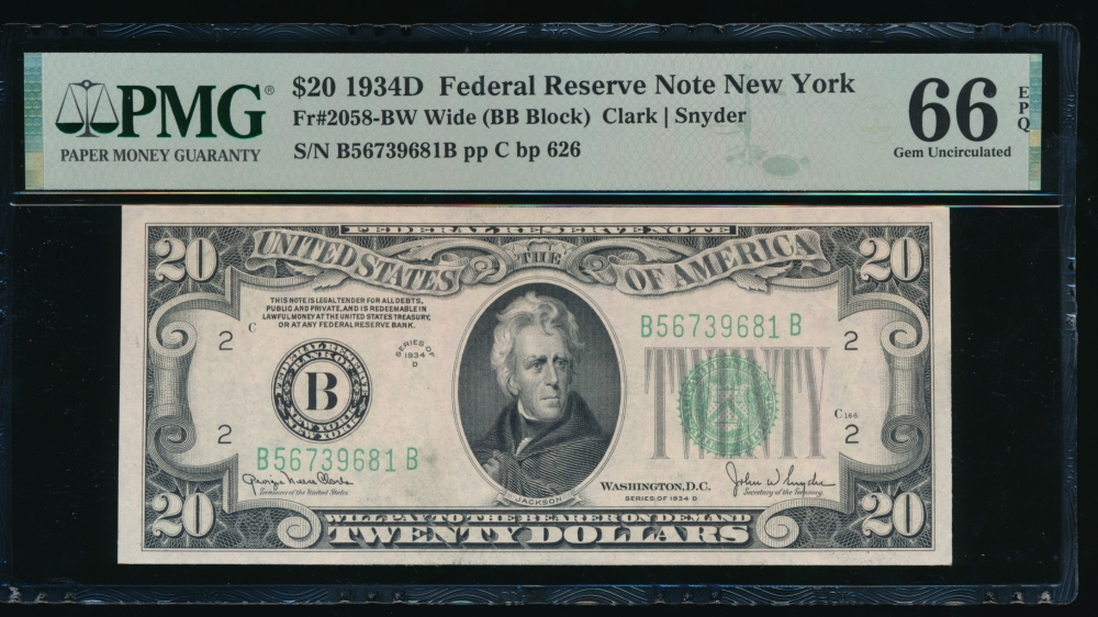 Fr. 2058-B 1934D $20  Federal Reserve Note  PMG 66EPQ B56739681B