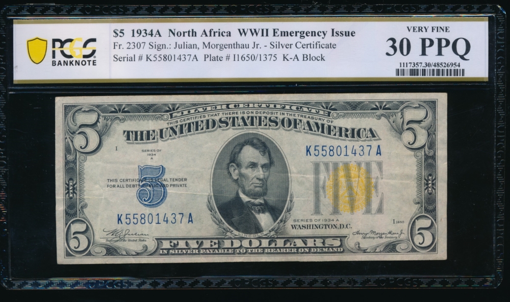 Fr. 2307 1934A $5  North Africa non-mule PCGS 30PPQ K55801437A