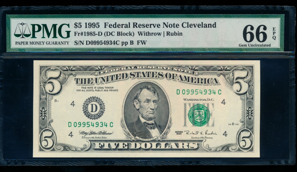 Fr. 1985-D 1995 $5  Federal Reserve Note Cleveland PMG 66EPQ D09954934C