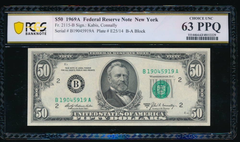 Fr. 2115-B 1969A $50  Federal Reserve Note New York PCGS 63PPQ B19045919A