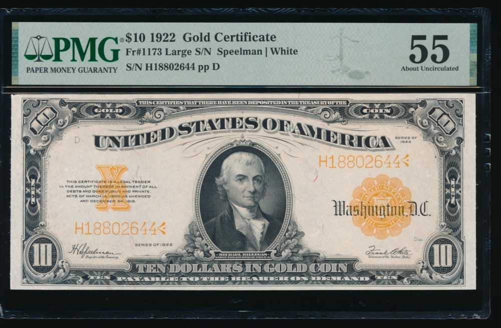 Fr. 1173 1922 $10  Gold Certificate  PMG 55 H18802644