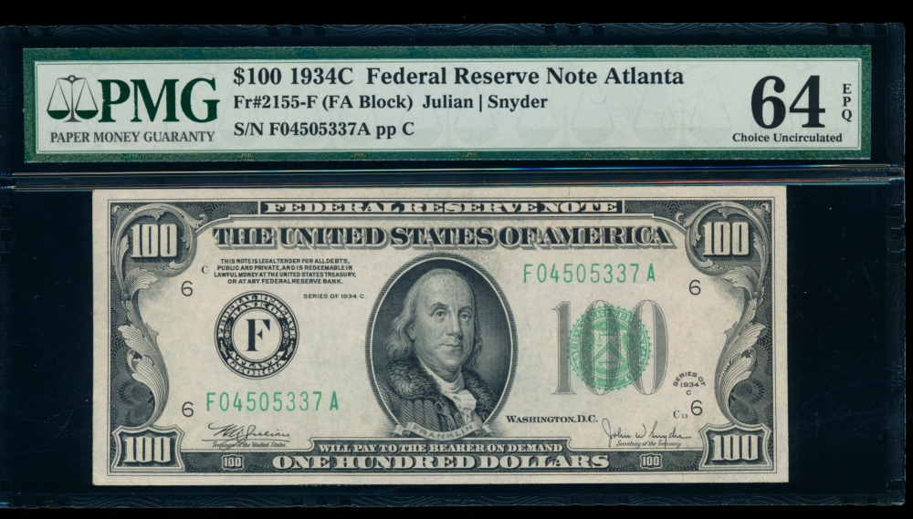 Fr. 2155-F 1934C $100  Federal Reserve Note Atlanta PMG 64EPQ F04505337A