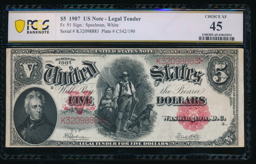 Fr. 91 1907 $5  Legal Tender  PCGS 45 K32098883