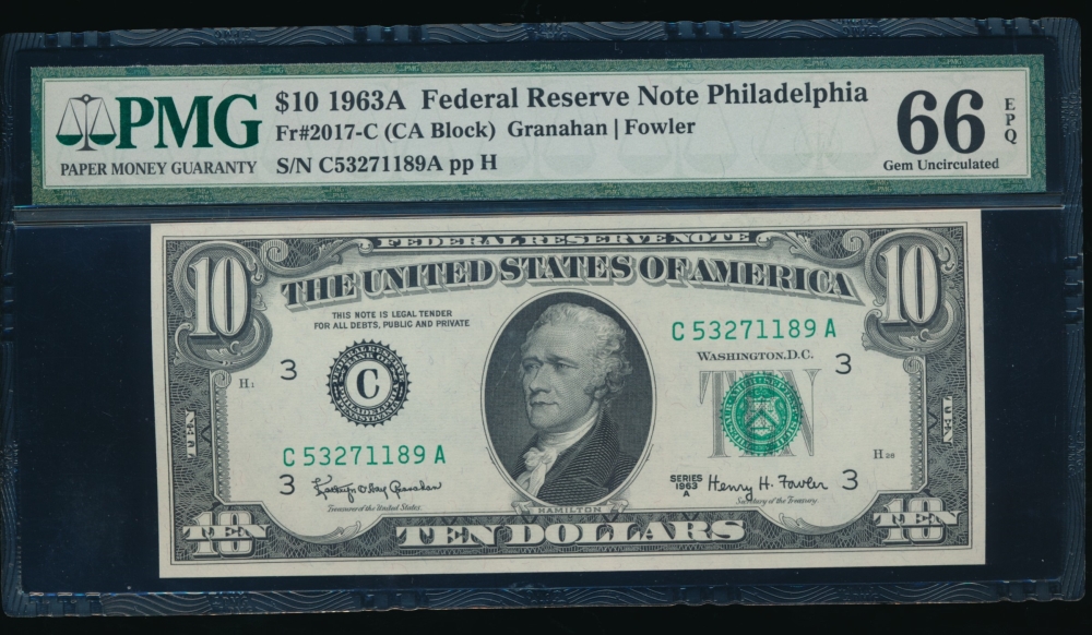 Fr. 2017-C 1963A $10  Federal Reserve Note Philadelphia PMG 66EPQ C53271189A