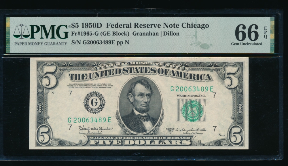 Fr. 1965-G 1950D $5  Federal Reserve Note Chicago PMG 66EPQ G20063489E