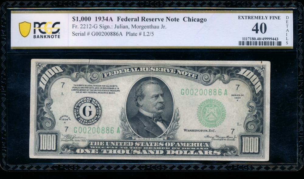 Fr. 2212-G 1934A $1,000  Federal Reserve Note Chicago PCGS 40 details G00200886A