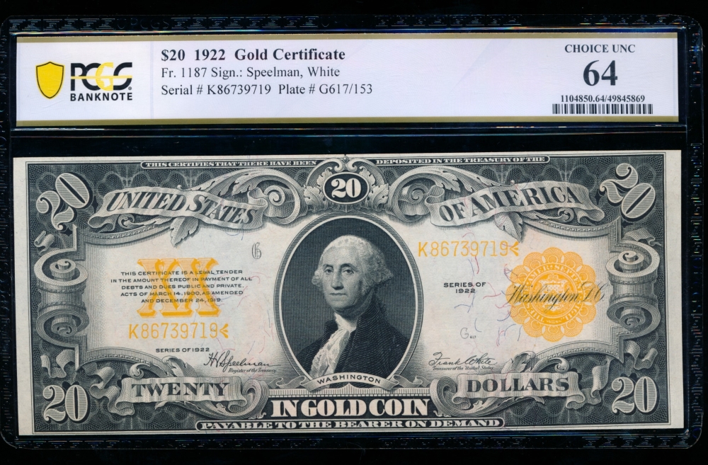 Fr. 1187 1922 $20  Gold Certificate  PCGS 64 K86739719