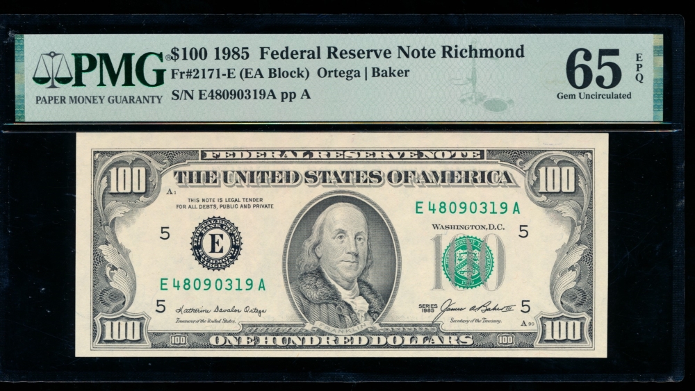 Fr. 2171-E 1985 $100  Federal Reserve Note Richmond PMG 65EPQ E48090319A