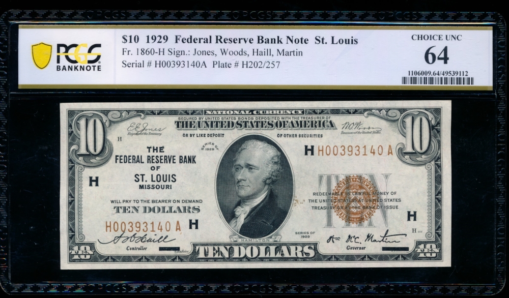 Fr. 1860-H 1929 $10  FRBN Saint Louis PCGS 64 H00393140A