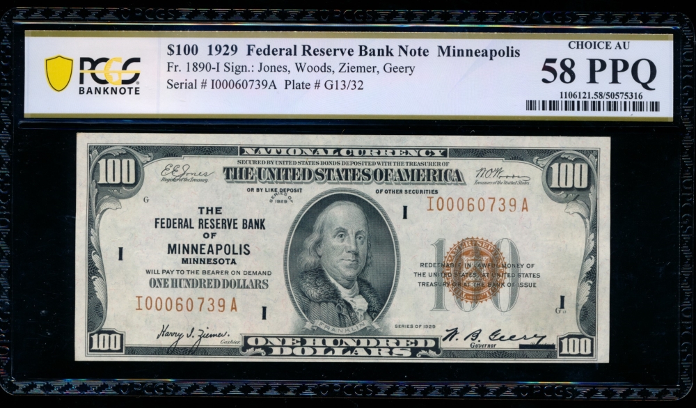 Fr. 1890-I 1929 $100  FRBN Minneapolis PCGS 58PPQ I00060739A