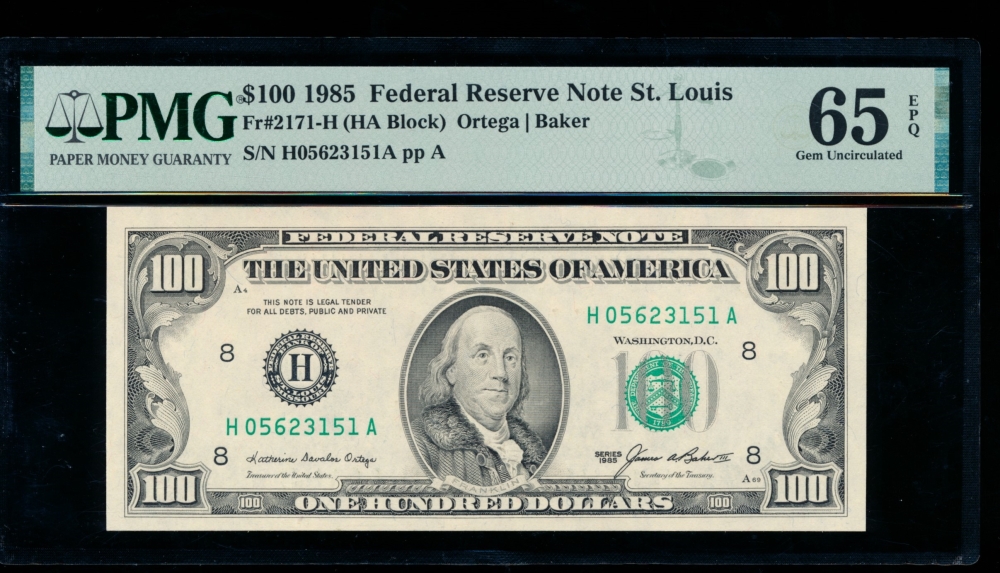 Fr. 2171-H 1985 $100  Federal Reserve Note Saint Louis PMG 65EPQ H05623151A