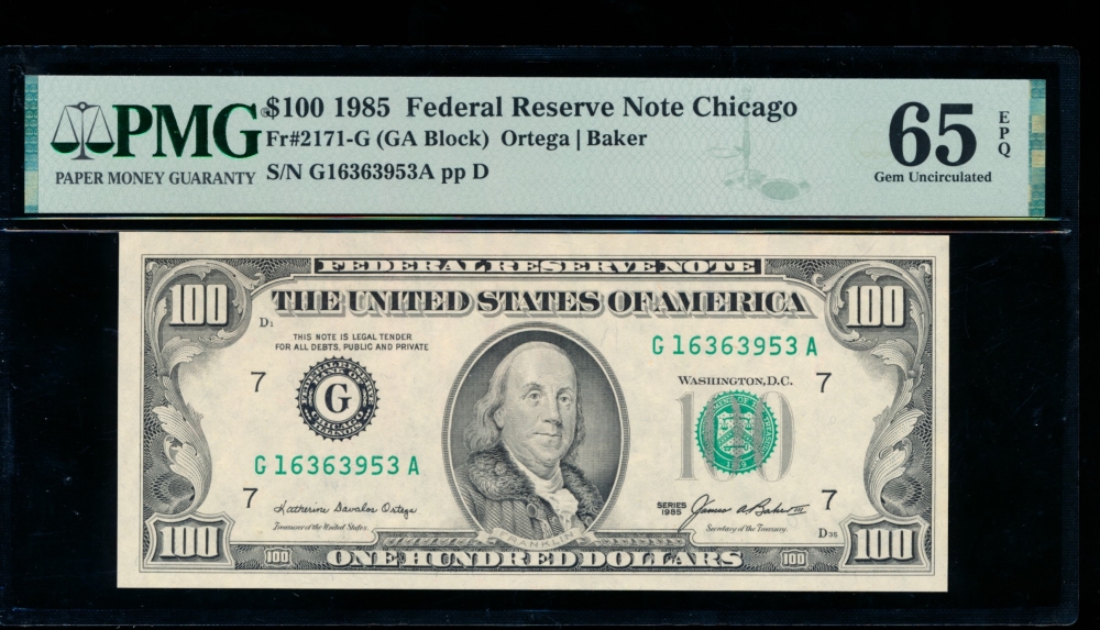 Fr. 2171-G 1985 $100  Federal Reserve Note Chicago PMG 65EPQ G16363953A