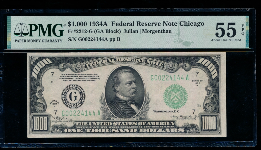 Fr. 2212-G 1934A $1,000  Federal Reserve Note Chicago PMG 55EPQ G00224144A