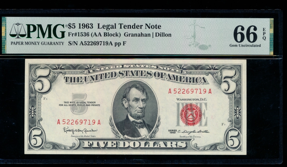 Fr. 1536 1963 $5  Legal Tender AA block PMG 66EPQ A52269719A