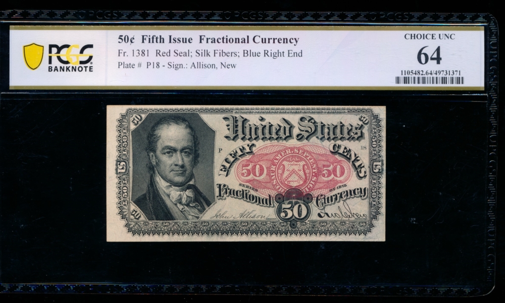 Fr. 1381  $0.50  Fractional Fifth Issue: Blue Right End PCGS 64 no serial number
