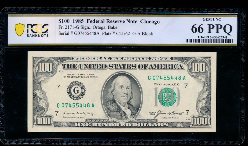 Fr. 2171-G 1985 $100  Federal Reserve Note Chicago PCGS 66PPQ G07455448A