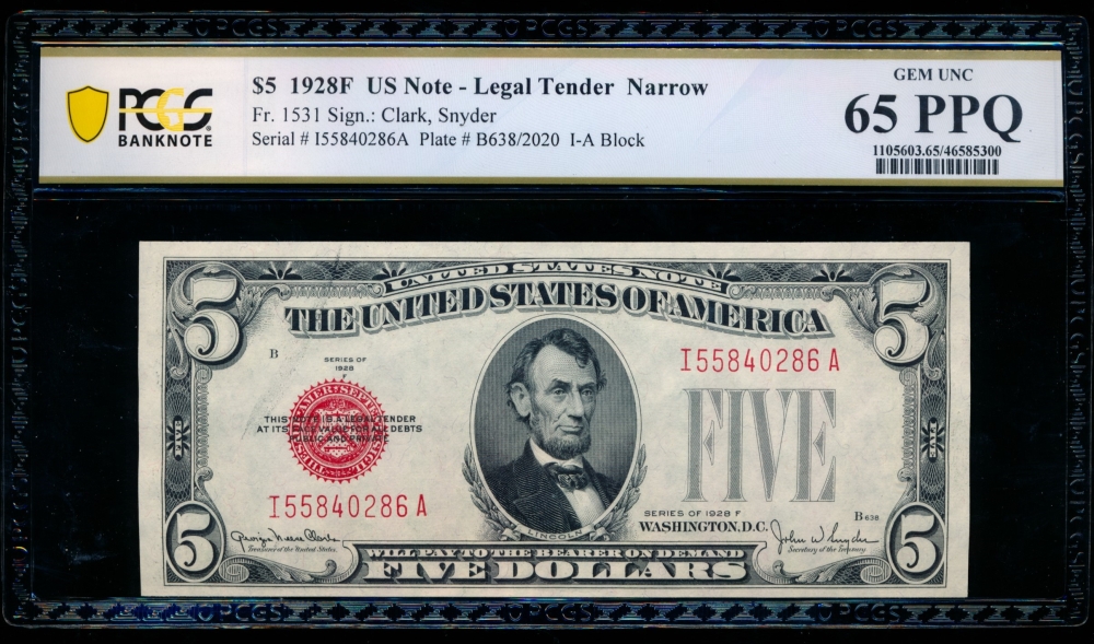 Fr. 1531 1928F $5  Legal Tender Narrow, IA block PCGS 65PPQ I55840286A