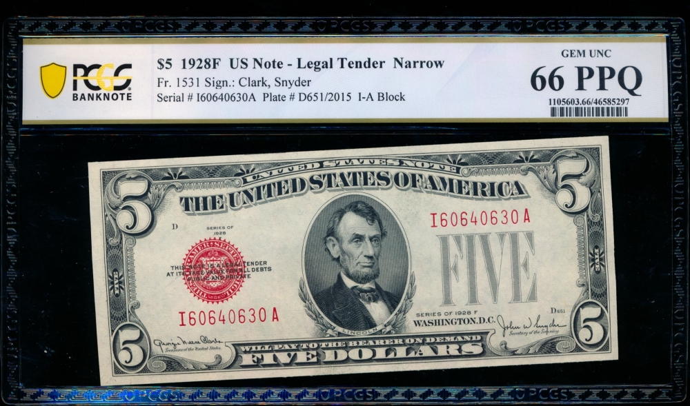 Fr. 1531 1928F $5  Legal Tender Narrow, IA block PCGS 66PPQ I60640630A