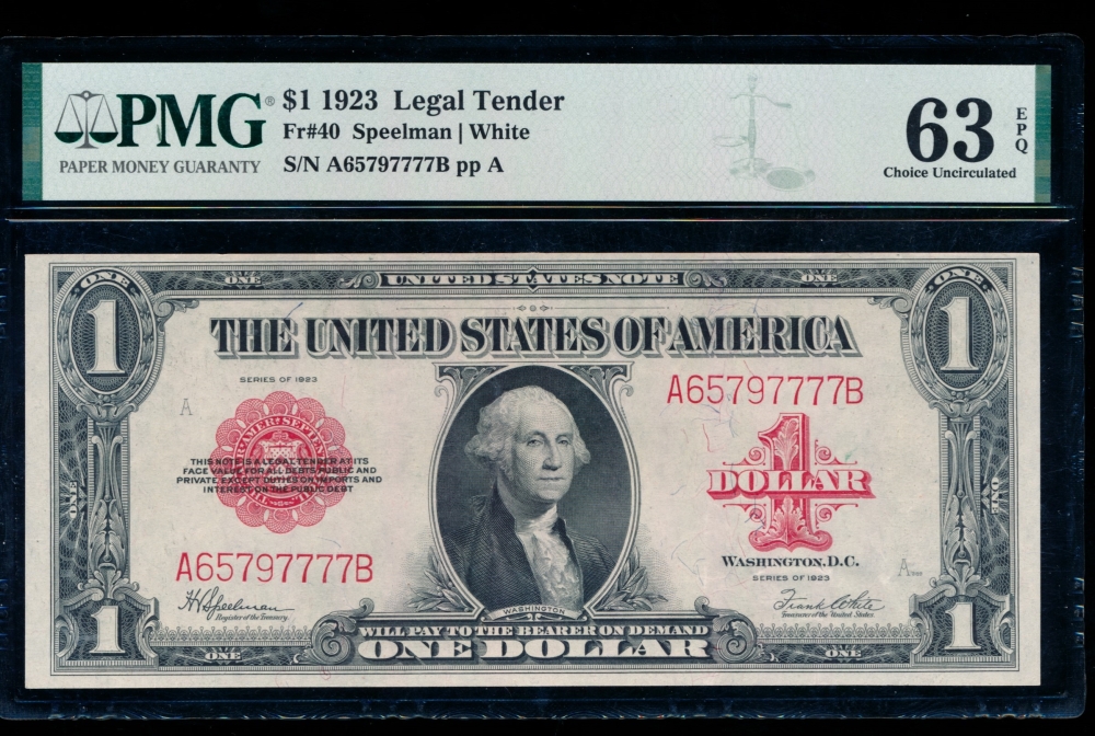 Fr. 40 1923 $1  Legal Tender  PMG 63EPQ A65797777B