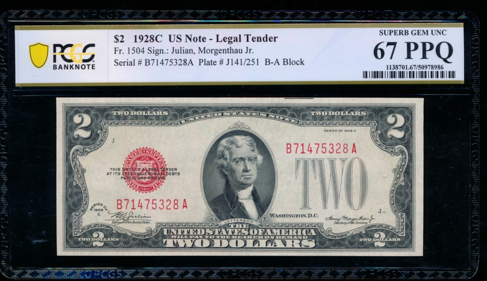 Fr. 1504 1928C $2  Legal Tender BA block PCGS 67PPQ B71475328A
