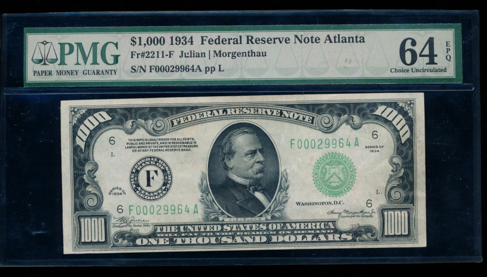 Fr. 2211-F 1934 $1,000  Federal Reserve Note Atlanta PMG 64EPQ F00029964A