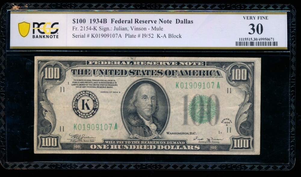 Fr. 2154-K 1934B $100  Federal Reserve Note Dallas PCGS 30 K01909107A