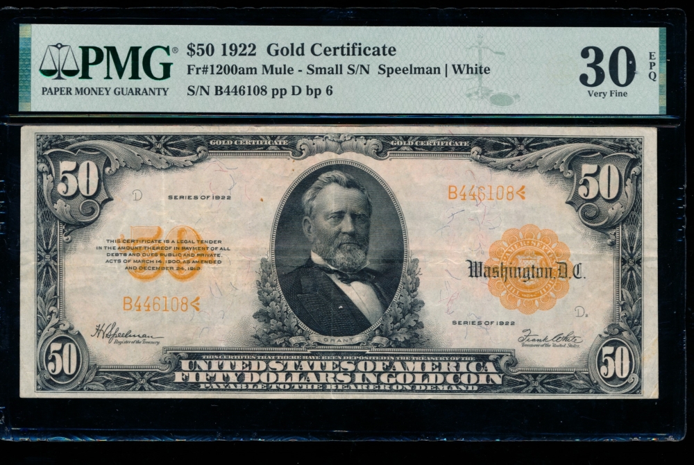 Fr. 1200a 1922 $50  Gold Certificate mule PMG 30EPQ B446108