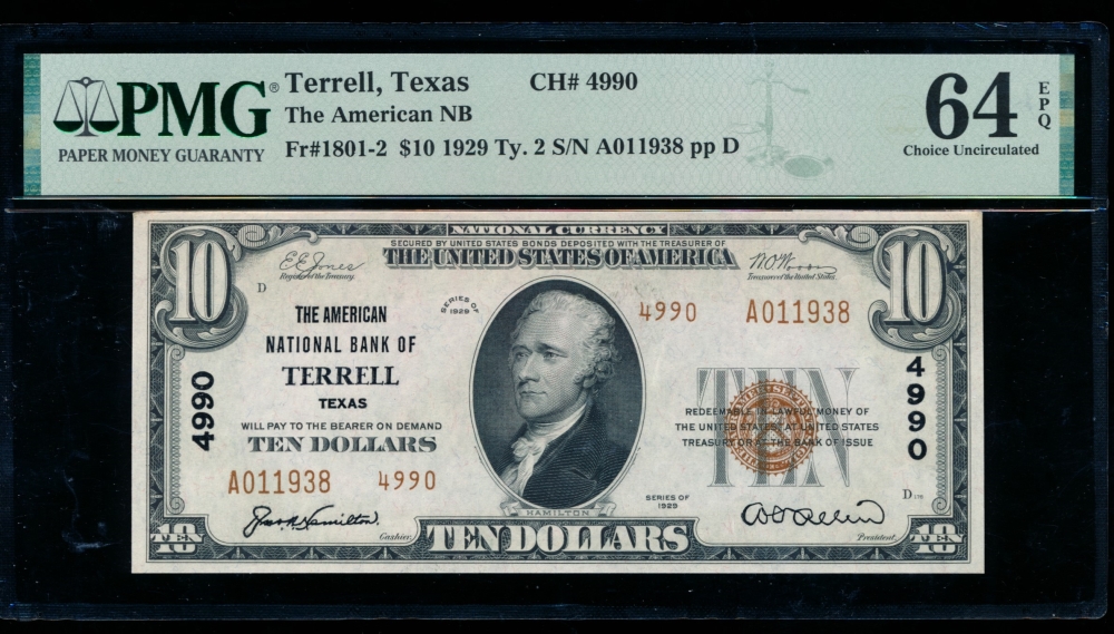Fr. 1801-2 1929 $10  National: Type II Ch #4990 The American National Bank of Terrell, Texas PMG 64EPQ A011938