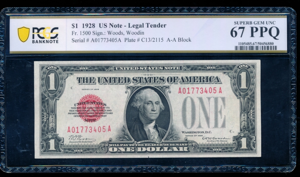 Fr. 1500 1928 $1  Legal Tender  PCGS 67PPQ A01773405A