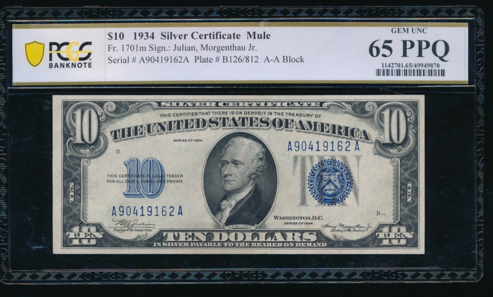 Fr. 1701 1934 $10  Silver Certificate mule, AA block PCGS 65PPQ A90419162A