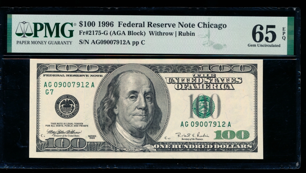 Fr. 2175-G 1996 $100  Federal Reserve Note Chicago PMG 65EPQ AG09007912A