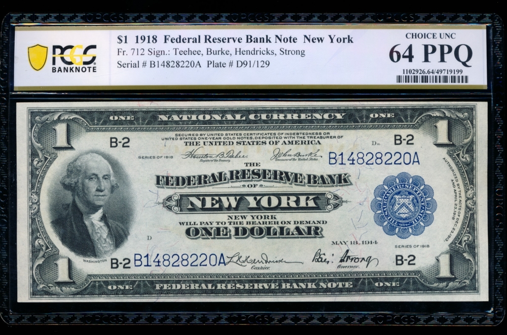 Fr. 712 1918 $1  FRBN New York PCGS 64PPQ B14828220A