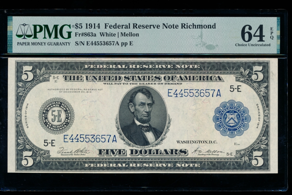 Fr. 863a 1914 $5  Federal Reserve Note Richmond PMG 64EPQ E44553657A