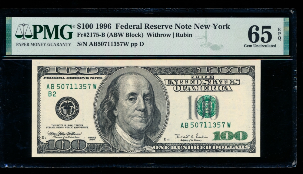 Fr. 2175-B 1996 $100  Federal Reserve Note New York PMG 65EPQ AB50711357W