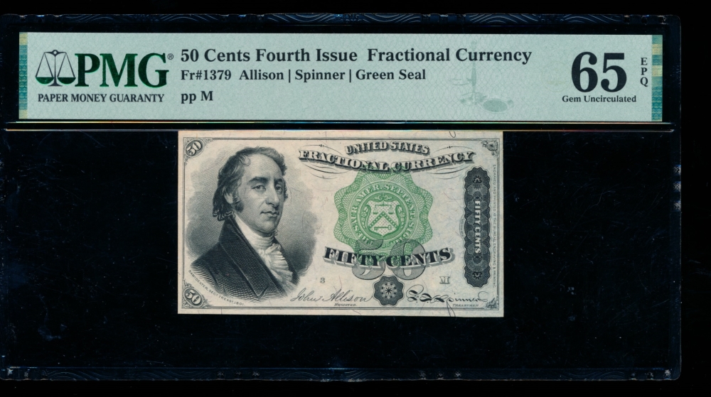 Fr. 1379 1869 $0.50  Fractional Fourth Issue: Green Seal PMG 65EPQ no serial number