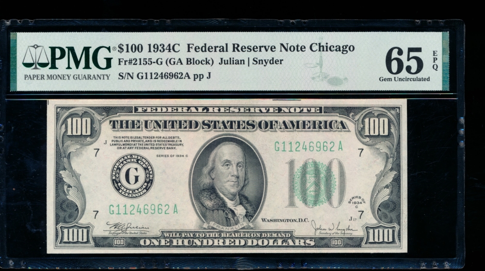 Fr. 2155-G 1934C $100  Federal Reserve Note Chicago PMG 65EPQ G11246962A