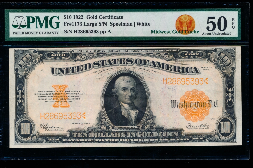 Fr. 1173 1922 $10  Gold Certificate  PMG 50EPQ H28695393