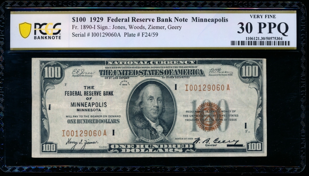 Fr. 1890-I 1929 $100  FRBN Minneapolis PCGS 30PPQ I00129060A