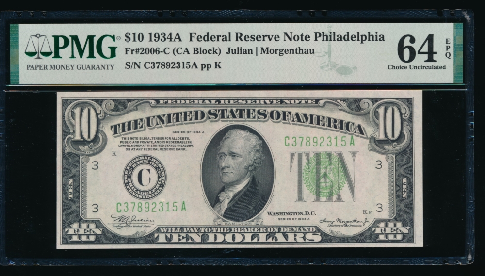 Fr. 2006-C 1934A $10  Federal Reserve Note Philadelphia PMG 64EPQ C37892315A