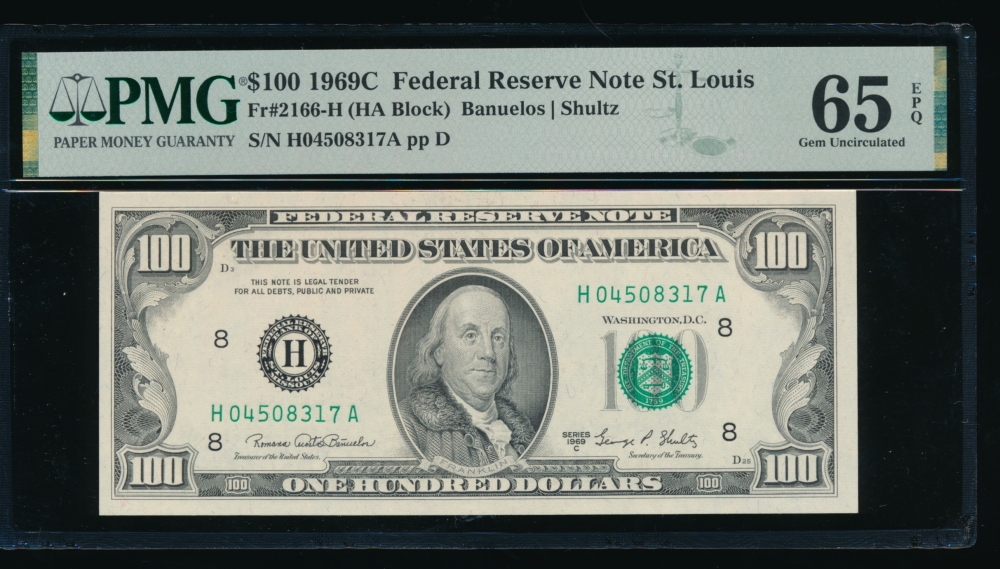 Fr. 2166-H 1969C $100  Federal Reserve Note Saint Louis PMG 65EPQ H04508317A