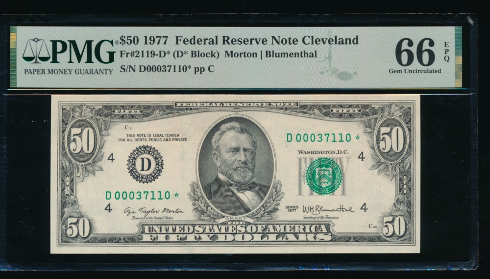 Fr. 2119-D 1977 $50  Federal Reserve Note Cleveland star PMG 66EPQ D00037110*