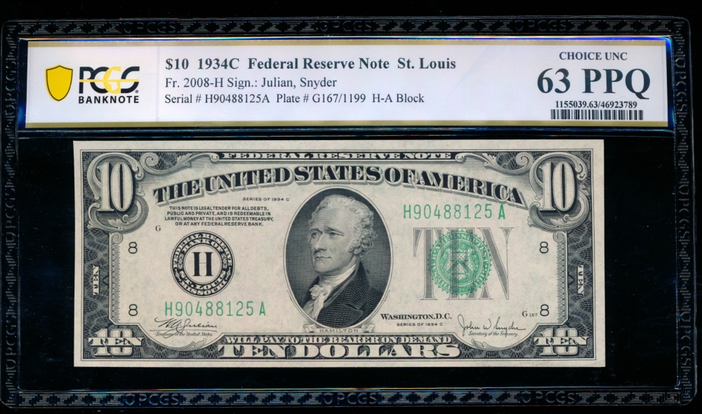 Fr. 2008-H 1934C $10  Federal Reserve Note Saint Louis PCGS 63PPQ H90488125A