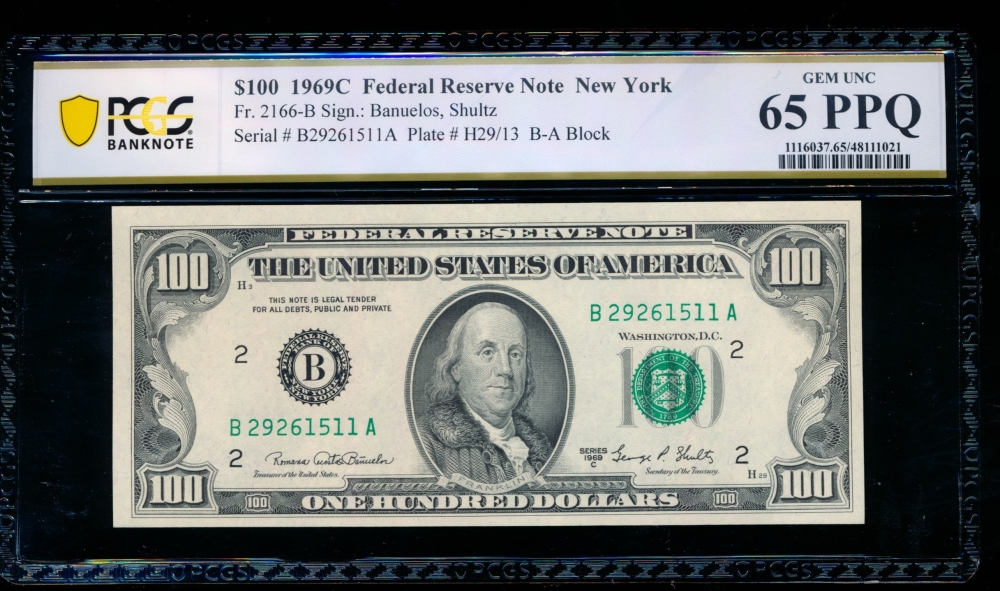 Fr. 2166-B 1969C $100  Federal Reserve Note New York PCGS 65PPQ B27261511A