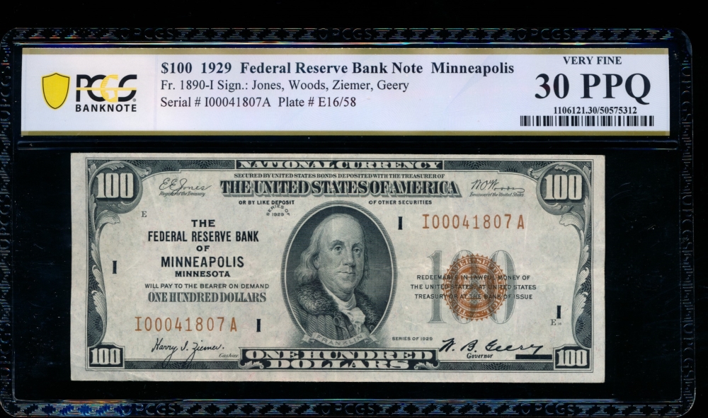 Fr. 1890-I 1929 $100  FRBN Minneapolis PCGS 30PPQ I00041807A