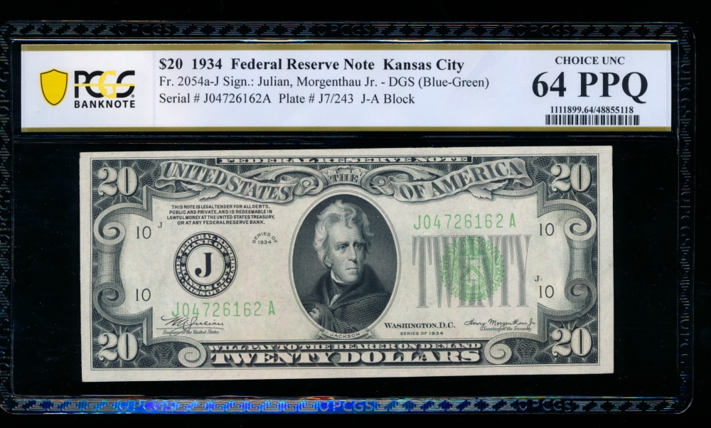 Fr. 2054-J 1934 $20  Federal Reserve Note Kansas City PCGS 64PPQ J04726162A