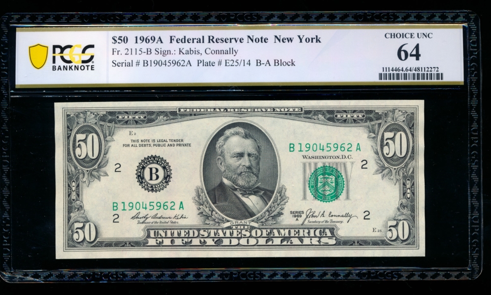 Fr. 2115-B 1969A $50  Federal Reserve Note New York PCGS 64 B19045962A