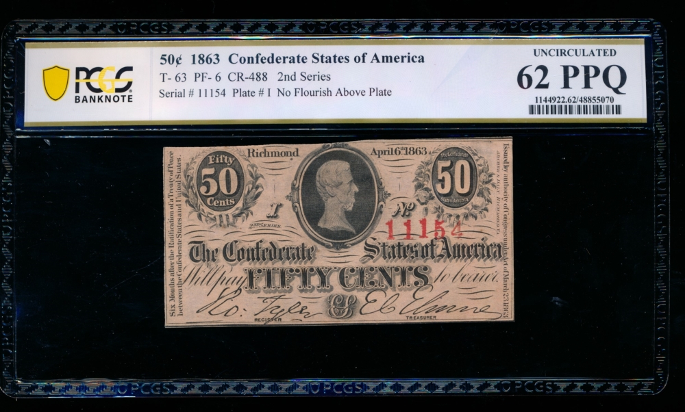 Fr. T-63 1863 $0.50  Confederate  PCGS 62PPQ 11154