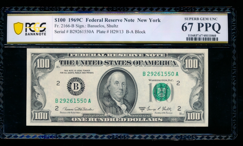 Fr. 2166-B 1969C $100  Federal Reserve Note New York PCGS 67PPQ B29261550A
